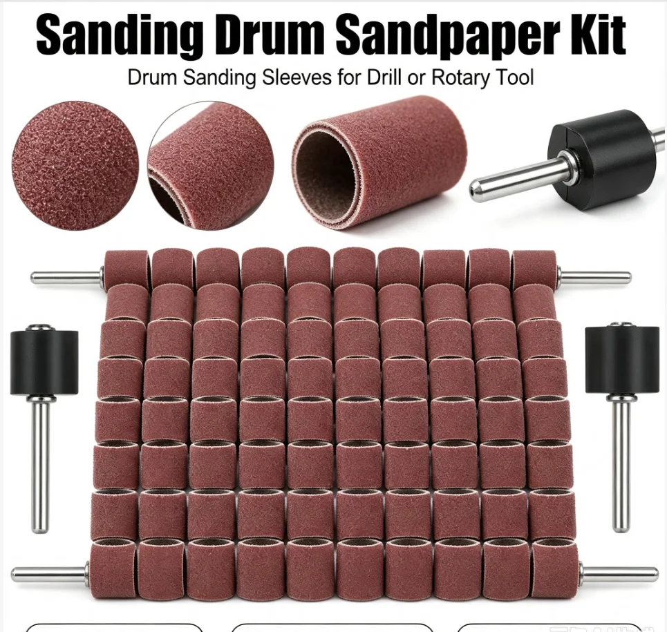102pcs/set 80Grit Sanding Drums Kit Sanding Band 1/2 1/4 Inch Sand Mandrels Fit for Dremel Nail Drill Rotary Abrasive Tools