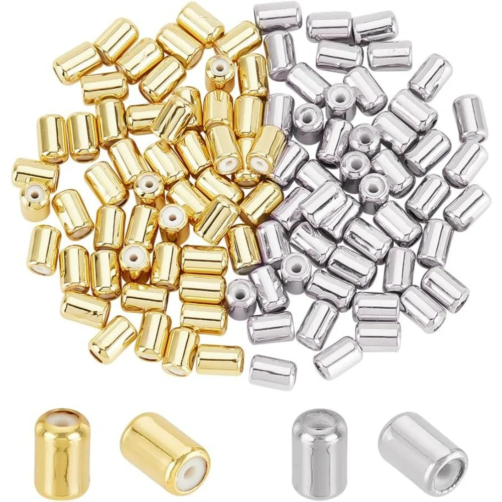 100pcs Brass Stopper Beads, 2 Colors Small Colunm Positioning Spacer Beads Adjustable Slider Beads Rubber Beads for DIY Bracelet