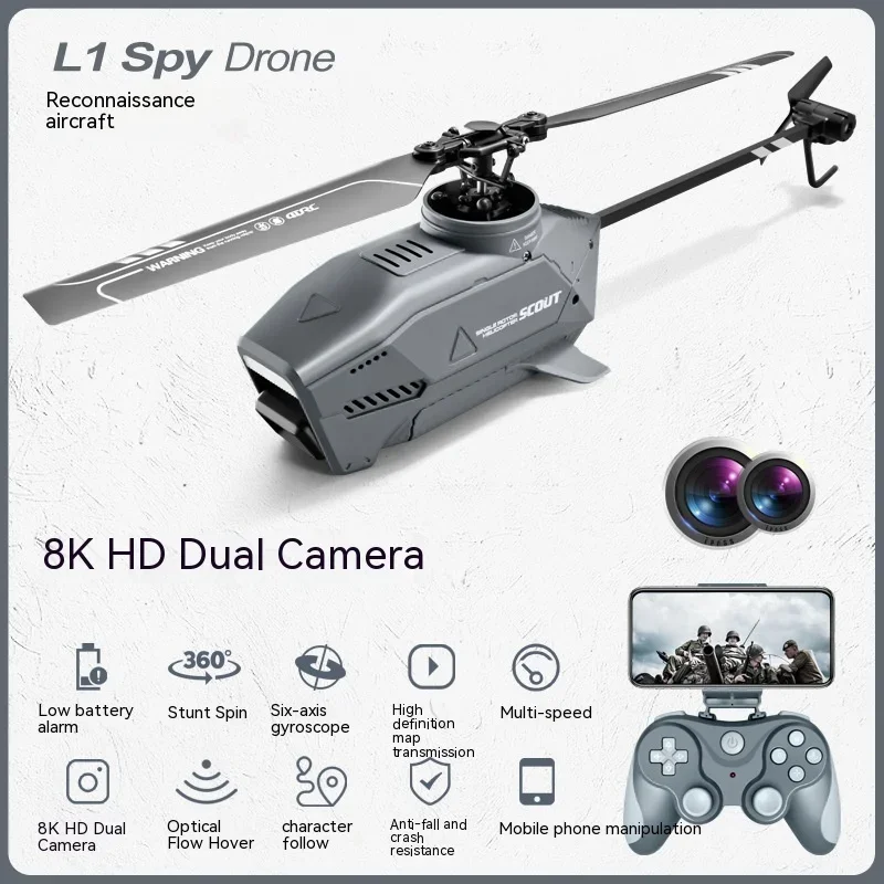 New Cool L1 Rc Helicopter 2.4g 4ch giroscopio a 6 assi Single Paddle elicottero antenna 8k Dual Mini Camera Hornet Spy Drone Toys