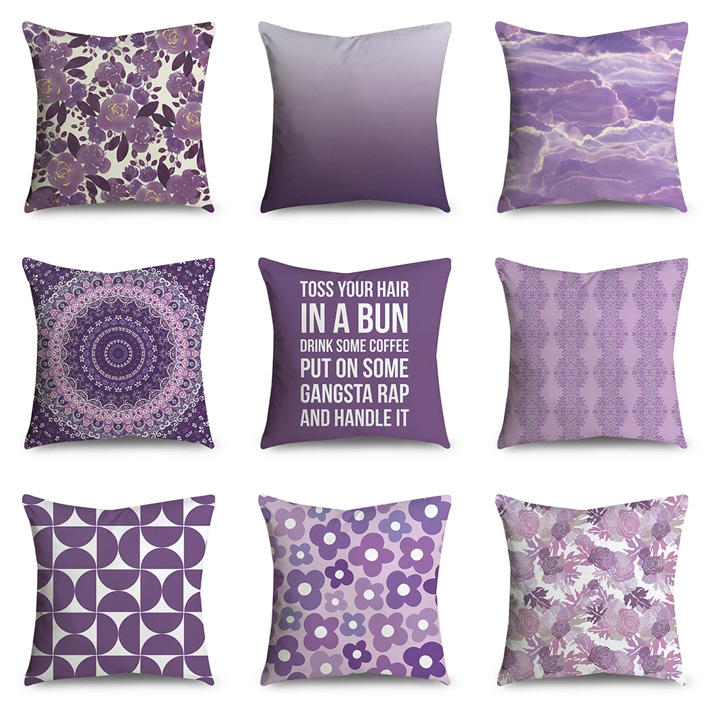 Purple Geometric Floral Print Pattern Cushion Cover Home Living Room Sofa Decoration Square Throw Pillow   45x45cm