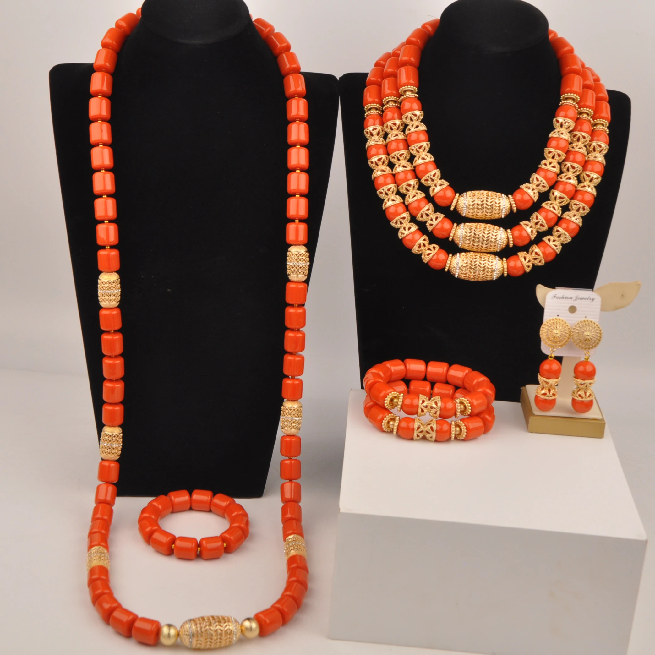 

African Wedding Beads Orange Artificial Coral Necklace Nigerian Couple Jewelry Sets