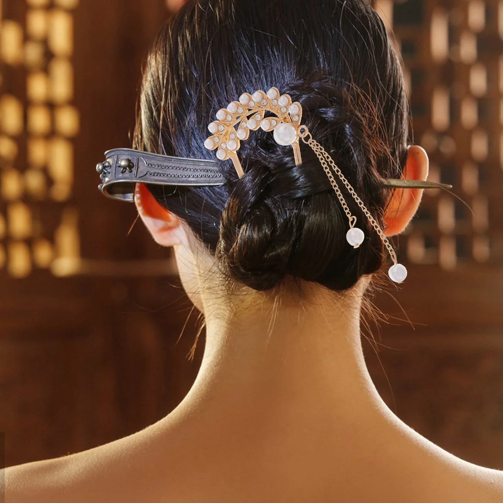 

2pcs Pearl Hair Pins U Shape Barrette Golden Elegant Rhinestones Hair Styling Accessories For Women Girls Wedding Bridesmaid Bun