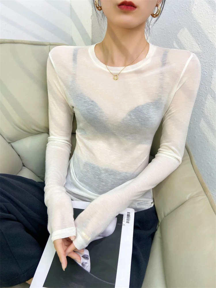 2026 Sexy Shirt Women T-Shirt Korean Style Slim Basic Elasticity Tshirt Top Womens Clothing T Shirt Thin T-shirt see through