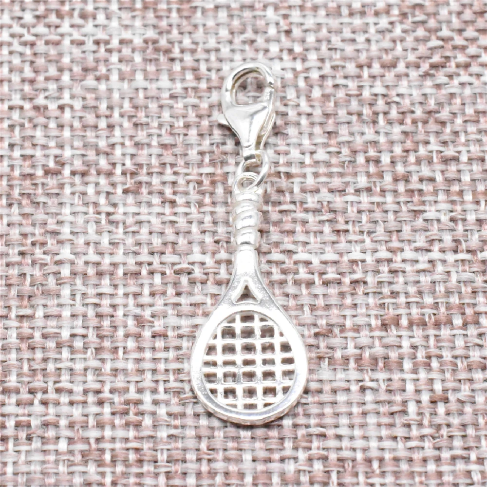 Sterling Silver Tennis Racket Clip On Charm 925 Silver Sport Pendant w/ Lobster Clasp