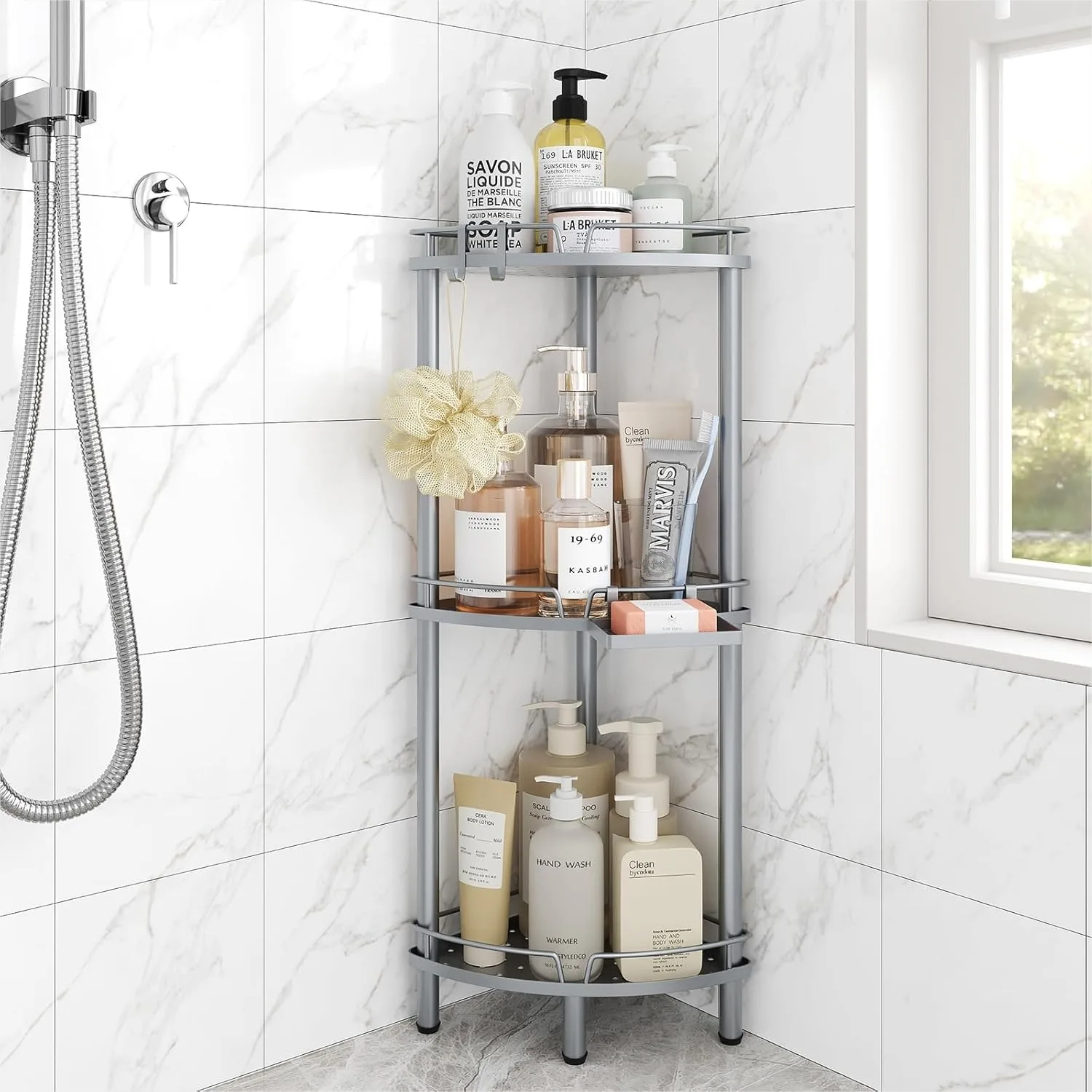 

Floor Corner Shower Caddy, 3 Tier Rustproof Metal Organizer with Soap Holder & 2 Hooks for Bathroom