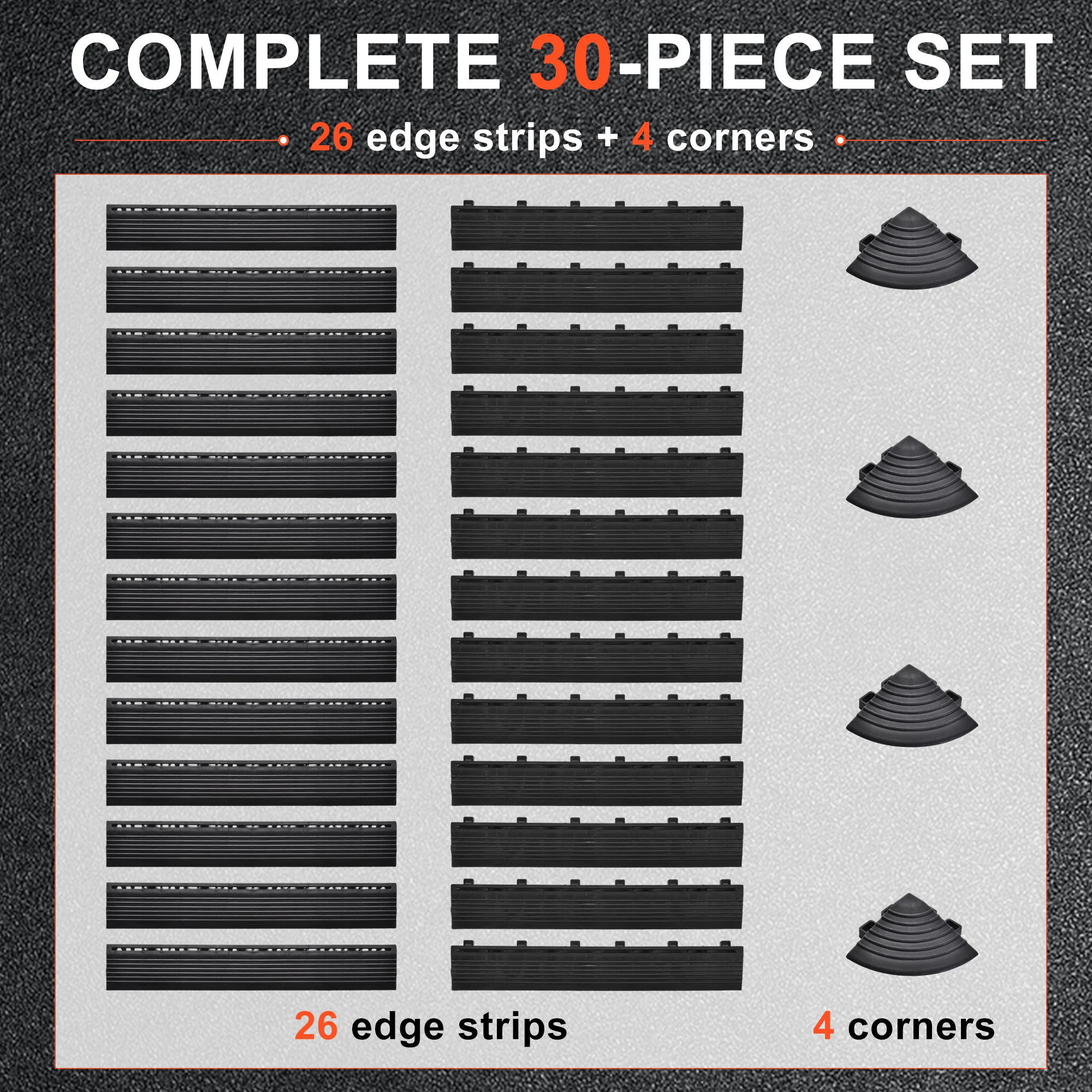 Interlocking Floor Tiles Edge Trim 26 Pack with 4 Corner Pieces, Snap-On Border Strip Finishing Edging for Garage Floor Tiles, Tool-Free PVC Border Kit for Workshop Gym Warehouse