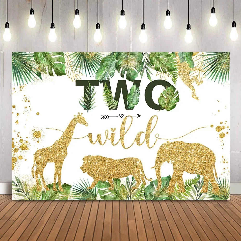 Green leaves safari jungle party decoration two wild animals theme birthday party background woodland boho 2nd birthday backdrop