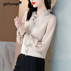 Women Ruffles V Neck Elegant Blouse New Korean Fashion Long Sleeve Business Casual Office Lady Shirt Solid Slim Chic Tops Blusas