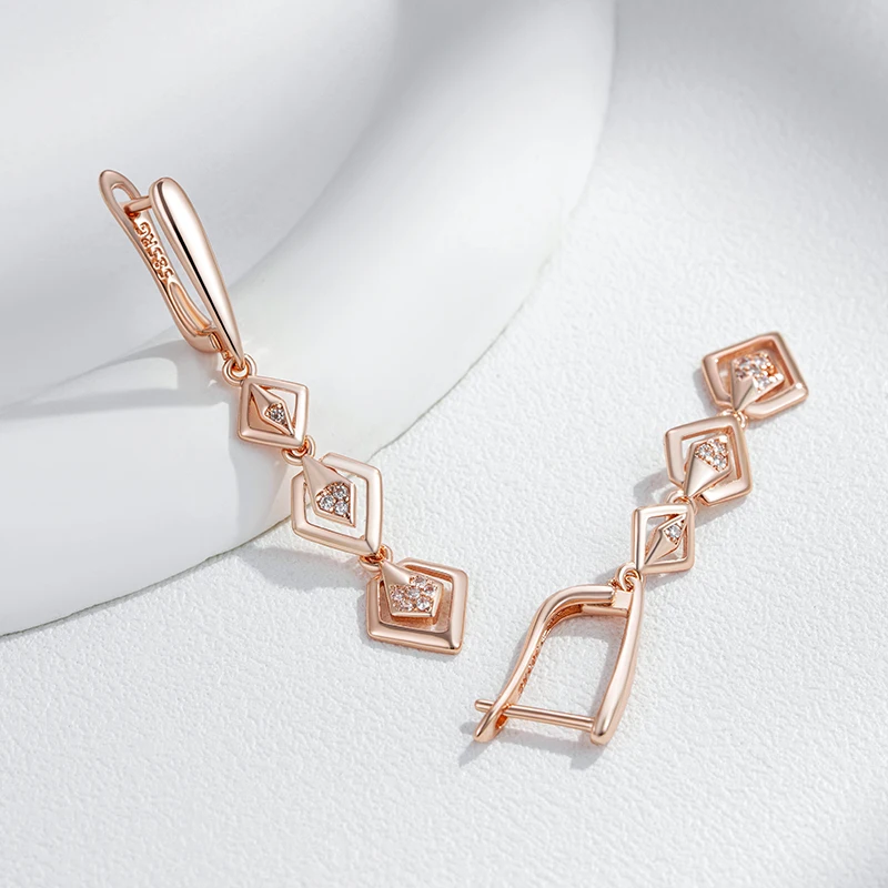 Kinel Fashion Glossy Hollow Geometry Drop Earring for Women 585 Rose Gold Color Shiny Natural Zircon Daily Fine Ethnic Jewelry