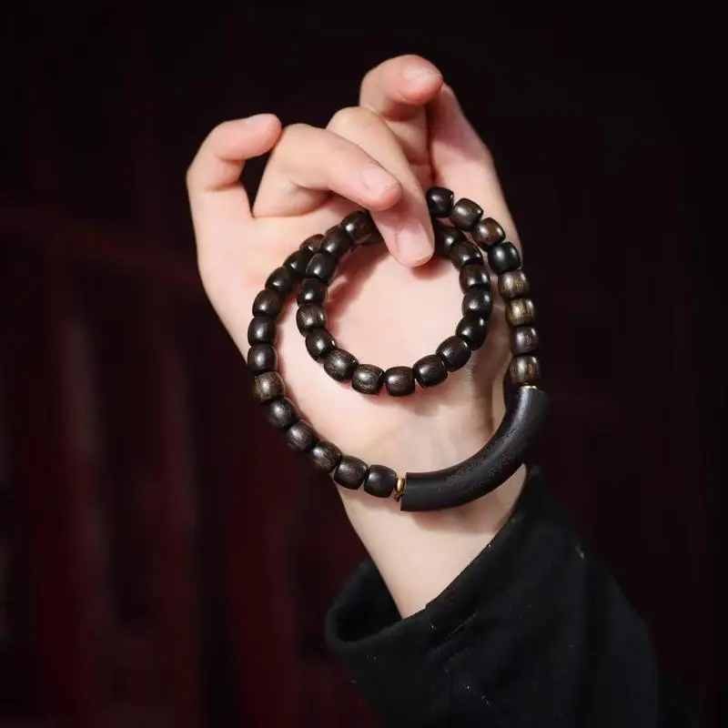 Agarwood straight-cut double-loop half-bracelet Heart Sutra beads, vintage handmade DIY unisex accessory with irregular-sha