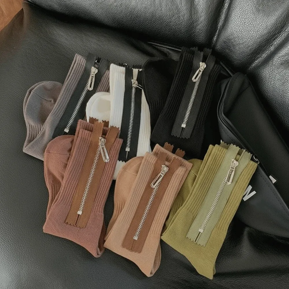 Fashion Street Style Metal Zipper Socks Sweat-absorbent Breathable Mid-length Tube Socks Mid Tube Knitted Socks Women