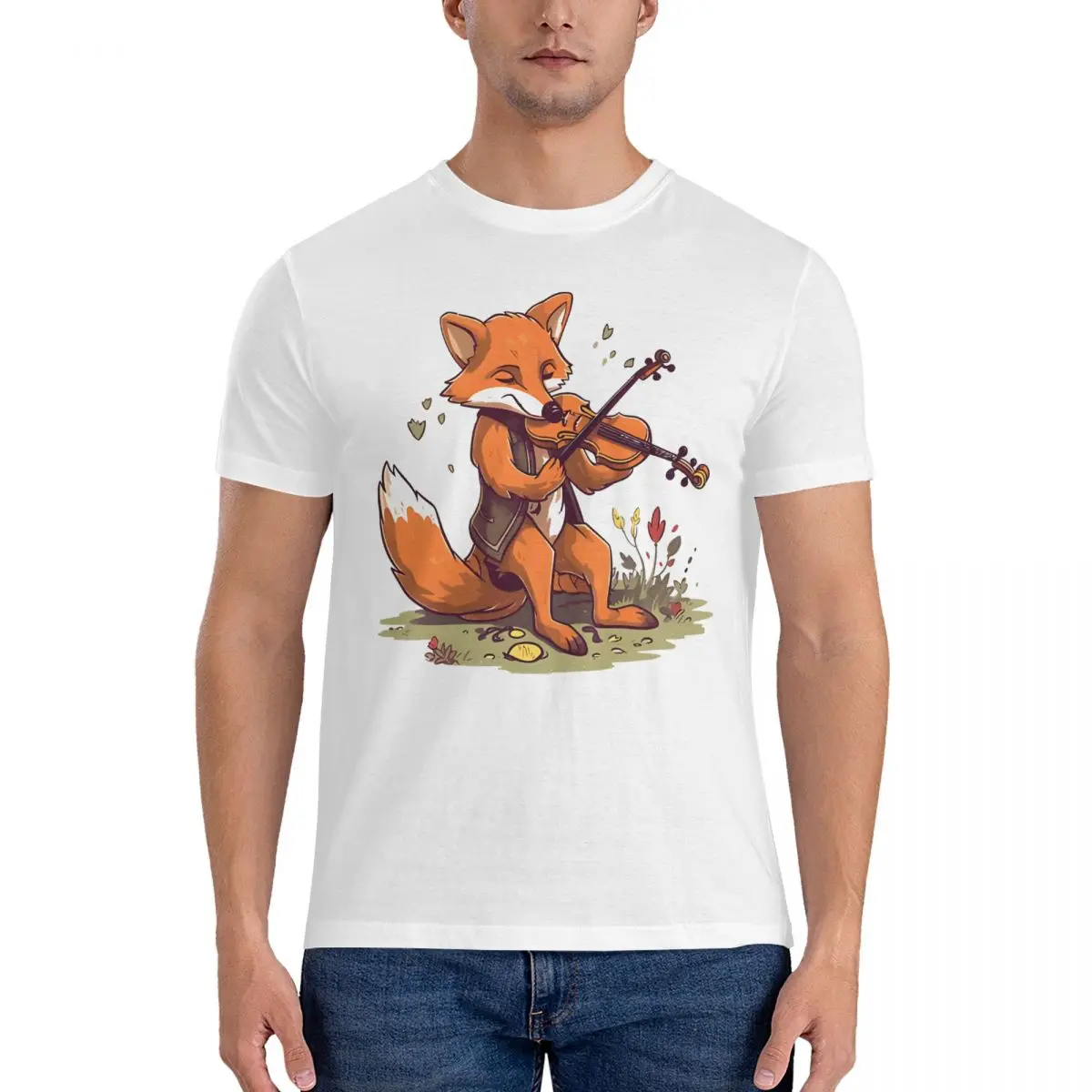 Fox Playing Violin T Shirts Smiling Musical Fox Awesome Tee Shirt Short Sleeve Round Collar T-Shirt 100% Cotton Graphic Clothing