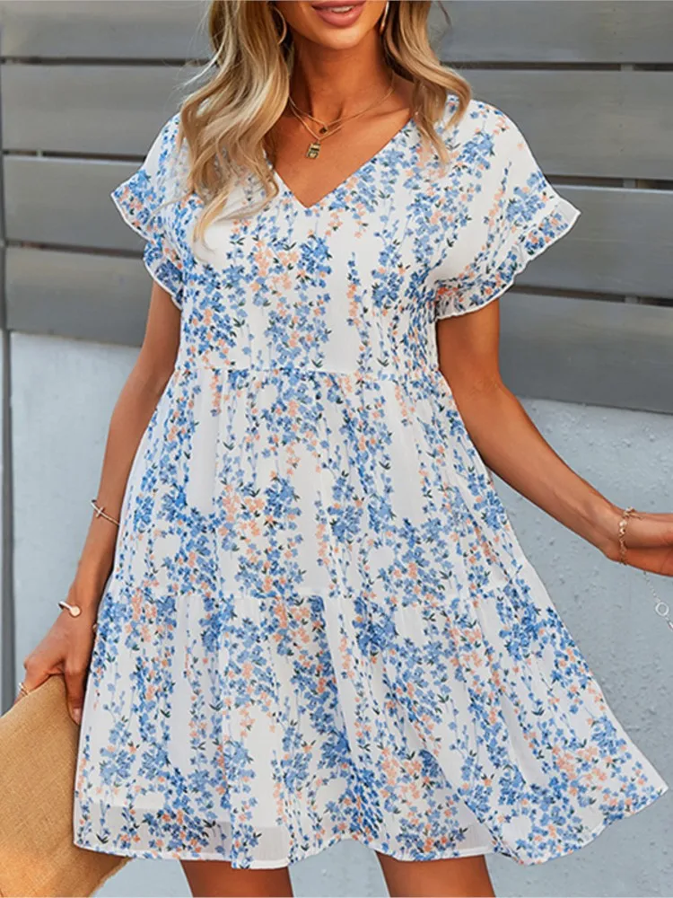 Wiosenne letnie sukienki dla kobiet 2024 New Floral Print Short Sleeve V-Neck Casual Loose Fashion Daily Streetwear Ladies Vestidos