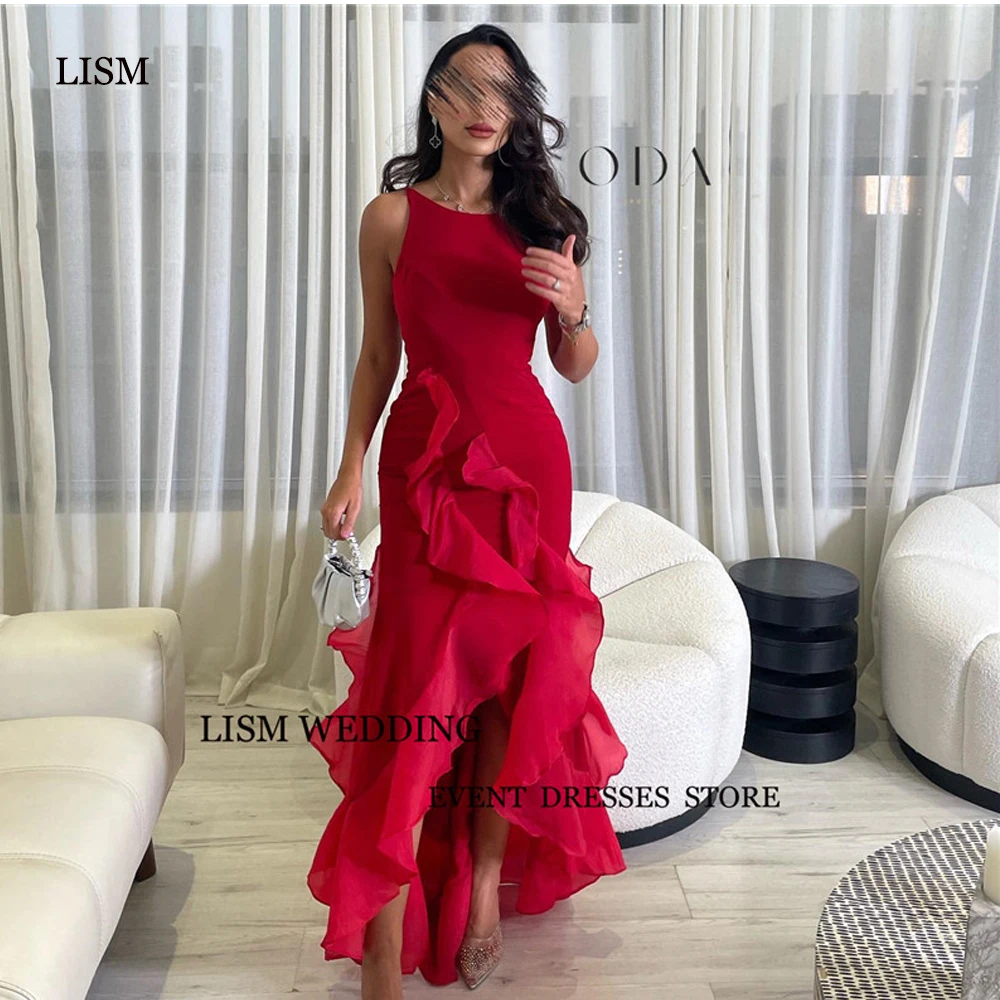 

LISM Vintage Red Mermaid Evening Party Dresses O-Neck Ruffles Side Split Long Prom Gowns Vestido de noche Simple Vestidos