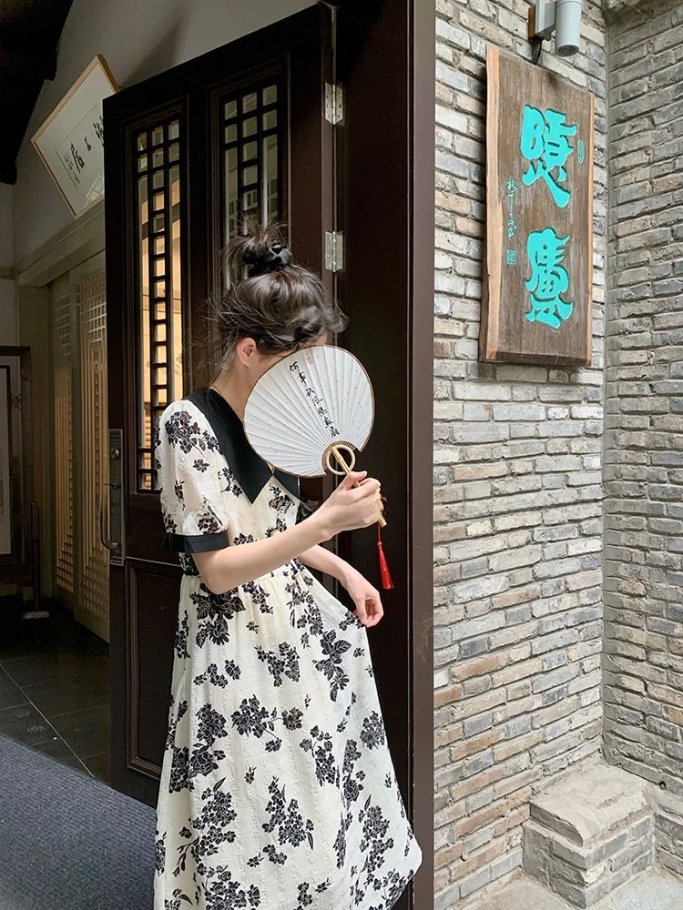 

Ретро-платье с цветочным принтом, V-образным вырезом, приталенное, с эффектом похудения, с воротником «Питер Пэн», женское летнее хлопковое А-силуэтное длинное платье с длинными рукавами