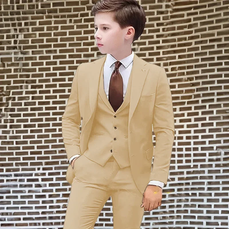 Beach Casual Wedding Boy Suits 3 Piece Beige Jacket Pants Vest Kids Child Blazer Set Clothes Party Dress 2-16 Years Old