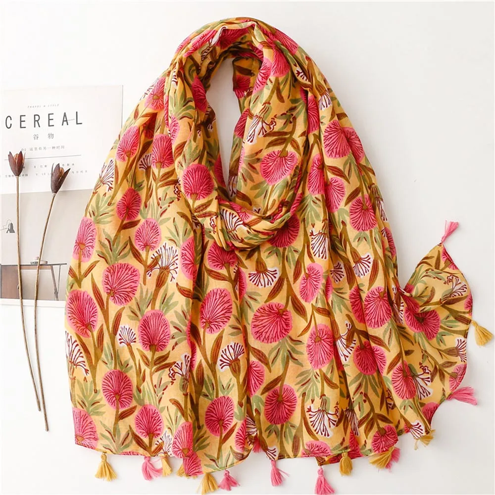 

2023 Women Flower Pattern Tassel Scarf Shawls Long Women Floral Print Head Wrap Hijab Scarves Free Shipping