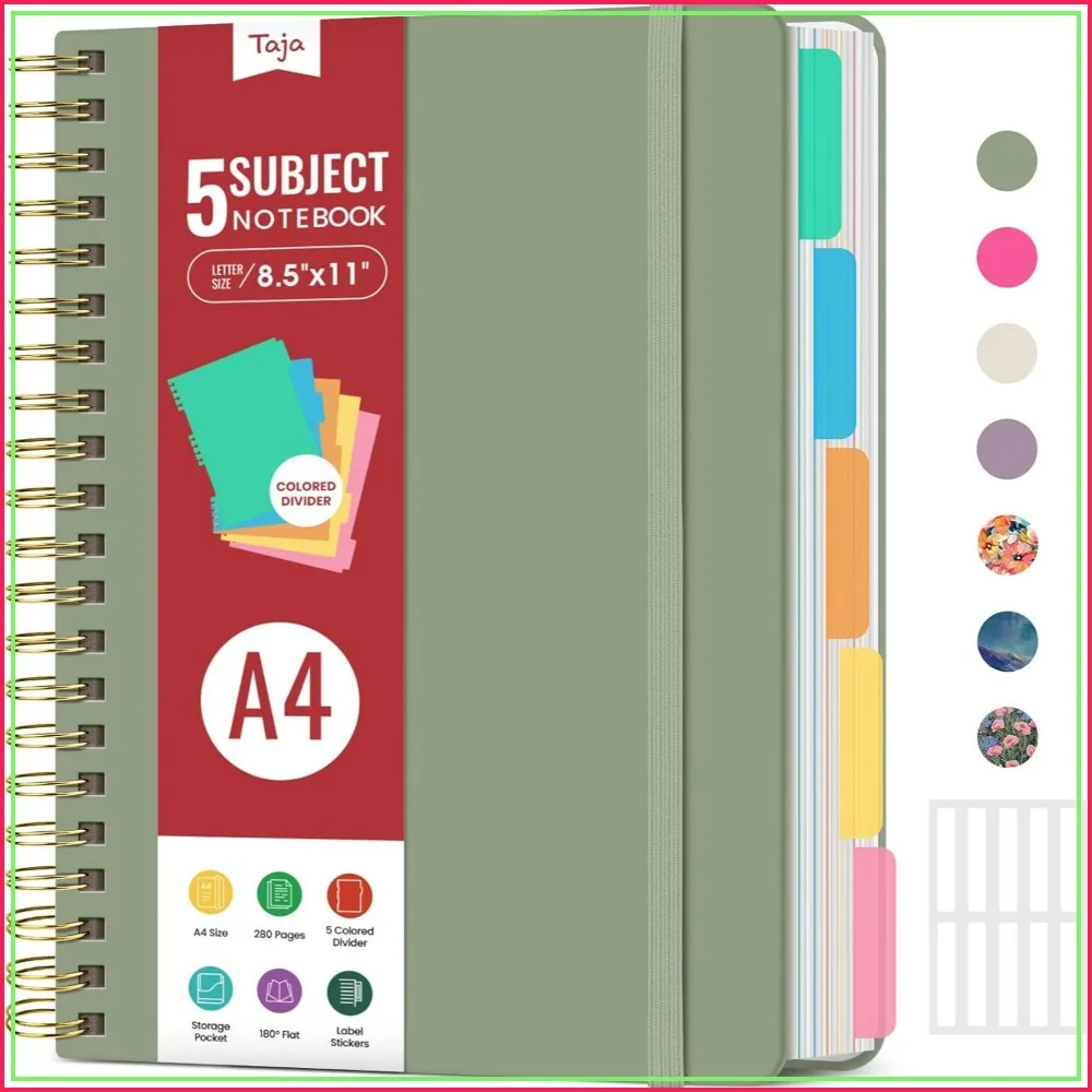 A4 5-Subject Spiral Notebook, 280-Page, 100gsm, Green, 8.5x11in