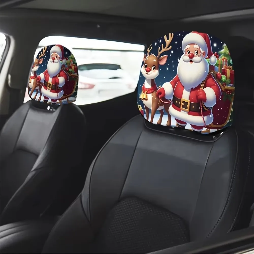 2pcs Universal Christmas Car Headrest Cover Cartoon Snowman Santa Print Car Pillowcase Funny Stain-Proof