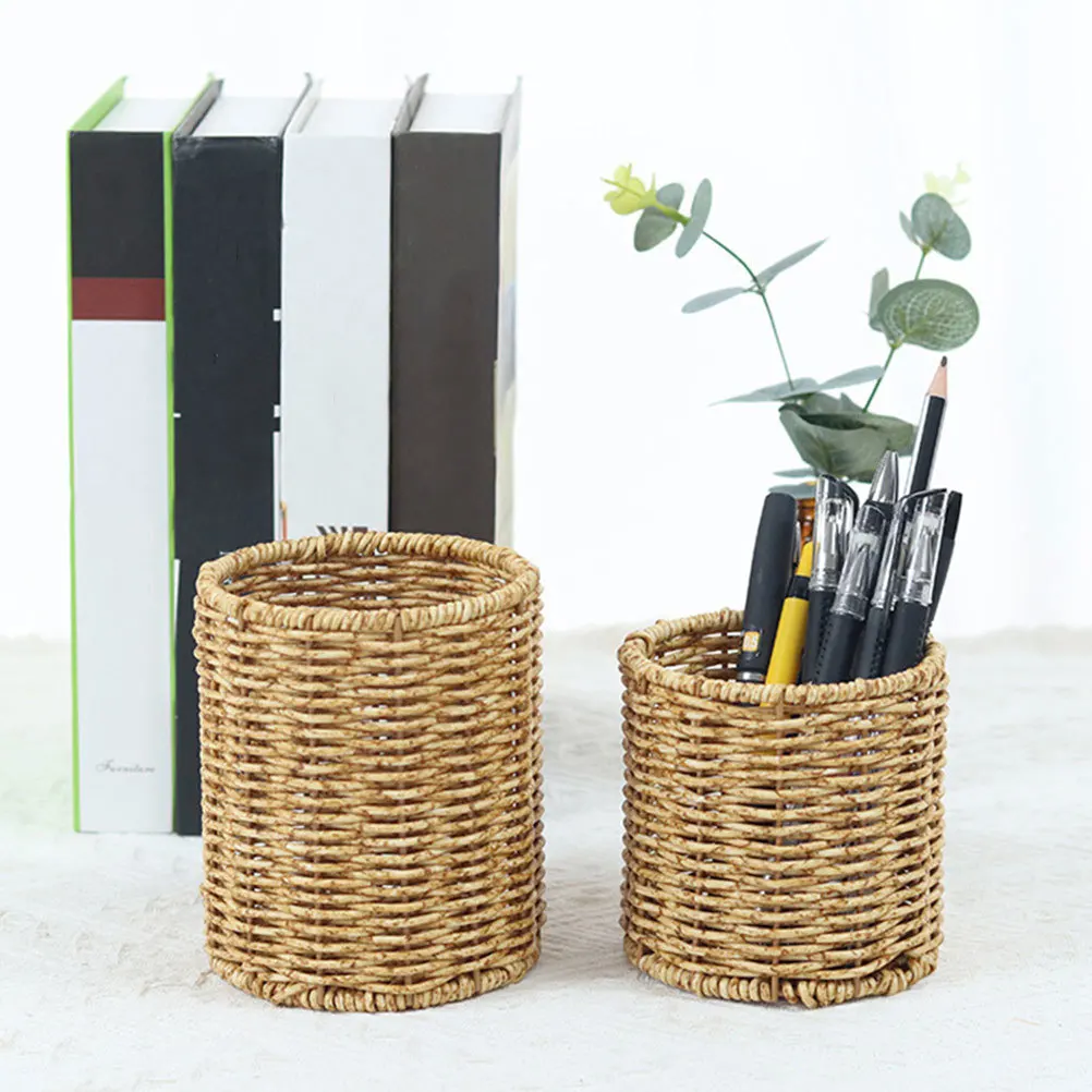 Imitation Rattan Woven Pen Holder Large Capacity Round Pencil Container Desktop Organizer Multifunctional Storage Bin