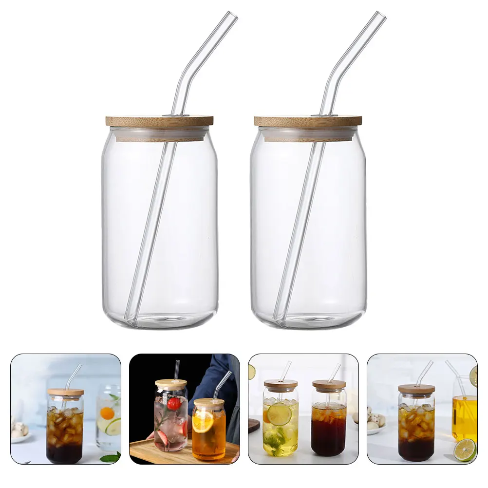 

2pcs Glass Cups With Bamboo Lid Transparent Beverage Mugs For Juice Tea Beer Cold Drinks Home Use Multipurpose Drinkware