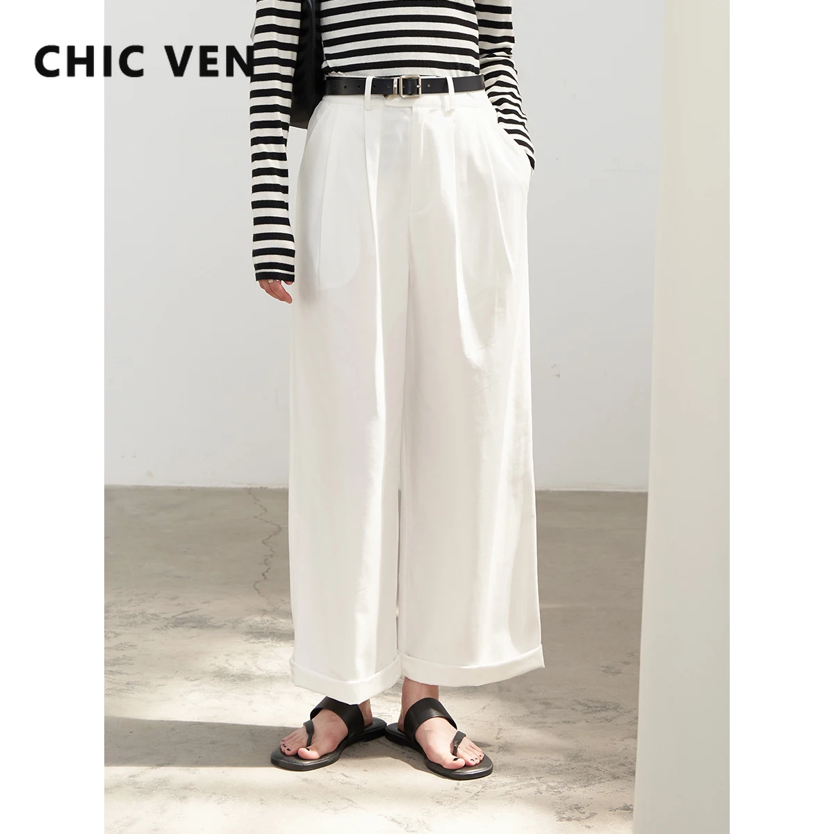 

CHIC VEN Women's Pants Cotton Solid High Waist Loose Pleated Straight Tube Casual Trousers Female Ladies Spring Autumn 2022