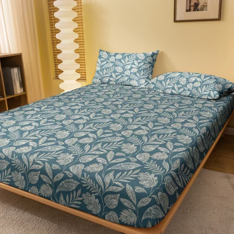 1 sábana ajustable mate con estampado de hojas de plantas, moderna y sencilla, funda de cama estampada para dormitorio, ropa de cama (sin incluir fundas de almohada)