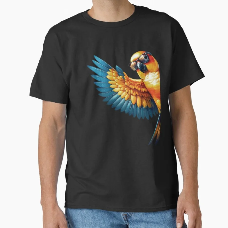 

Sun Conure Parrot With Sunglasses Funny Say Hi Bird Lover Watcher Birding T shirt Large size Tops Funny parrot Graphic Print Tee