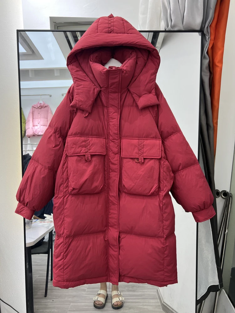 Piumino lungo sopra il ginocchio da donna vestibilità ampia invernale nuova versione coreana addensato versatile casual piumino d'anatra bianco