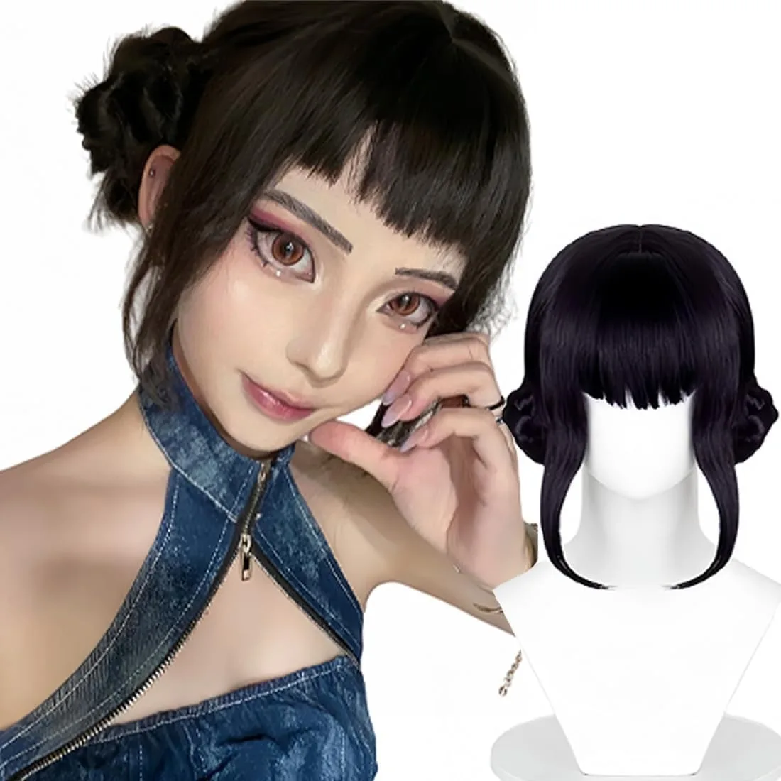 

Wiggy Mermaid Black Purple Wig with Braided Bun + Cap for Stage Party Halloween Costume Cosplay