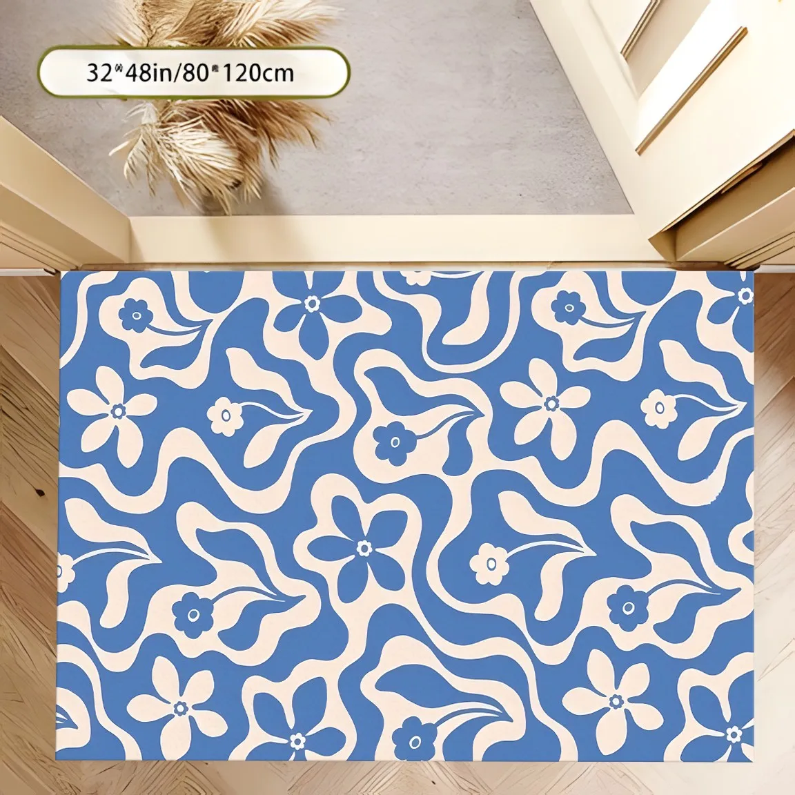 Large Area Rug in Blue and White with Wavy Floral Pattern, Fresh Instagram-Worthy Look, for Living Room Bedroom Bay Window