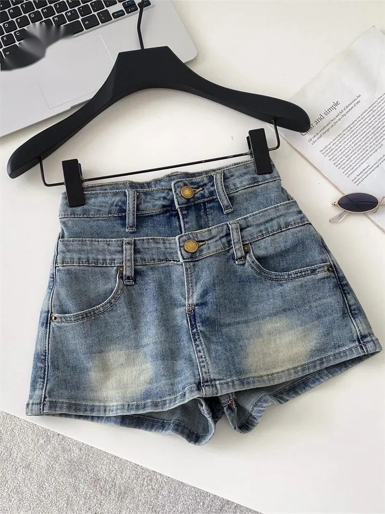 Splice Streetwear Denim Shorts High Waist Pocket Versatile Edgy Spicy Girl Ladies Casual Sensual Slim Mini Shorts
