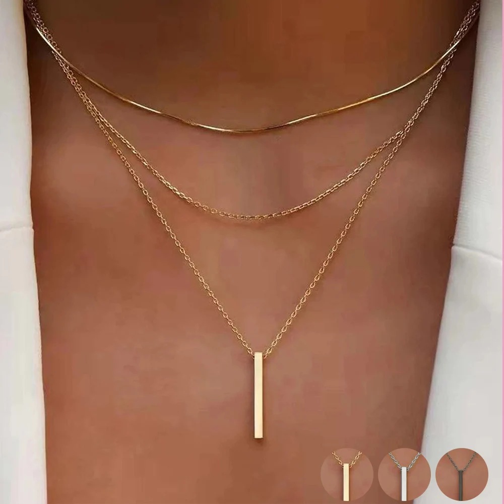 Vintage Layered Metal Bar Pendant Necklace for Women Daily Wear Gold Color Reactangle Clavicle Chain Collarbone Necklace Jewelry