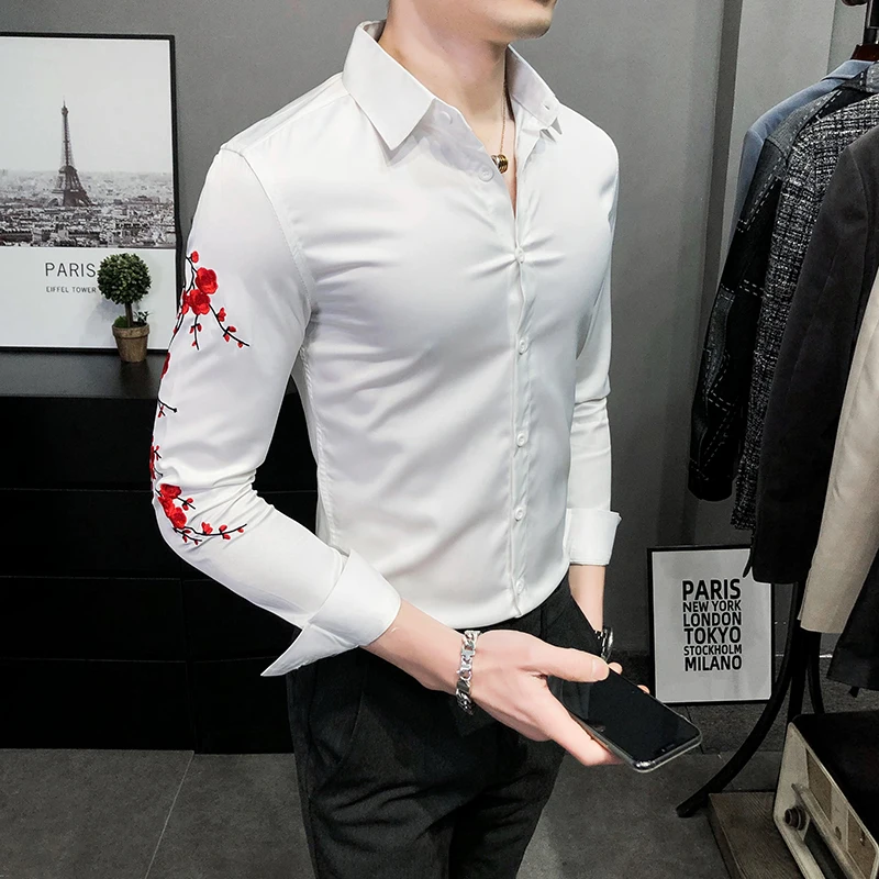 Embroidered Casual Men's Shirts Social Mens Clothing White Funny Shirts Man Top Cool Things 3XL 2024 Autumn New