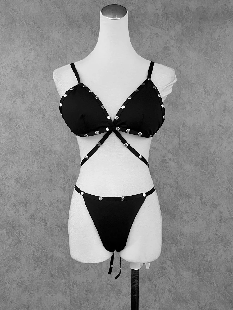 Studded Rivet Black Bikini Set Women Thin Straps High Cut Two Piece Swimsuit Gothic Summer Beach Bathing Suit