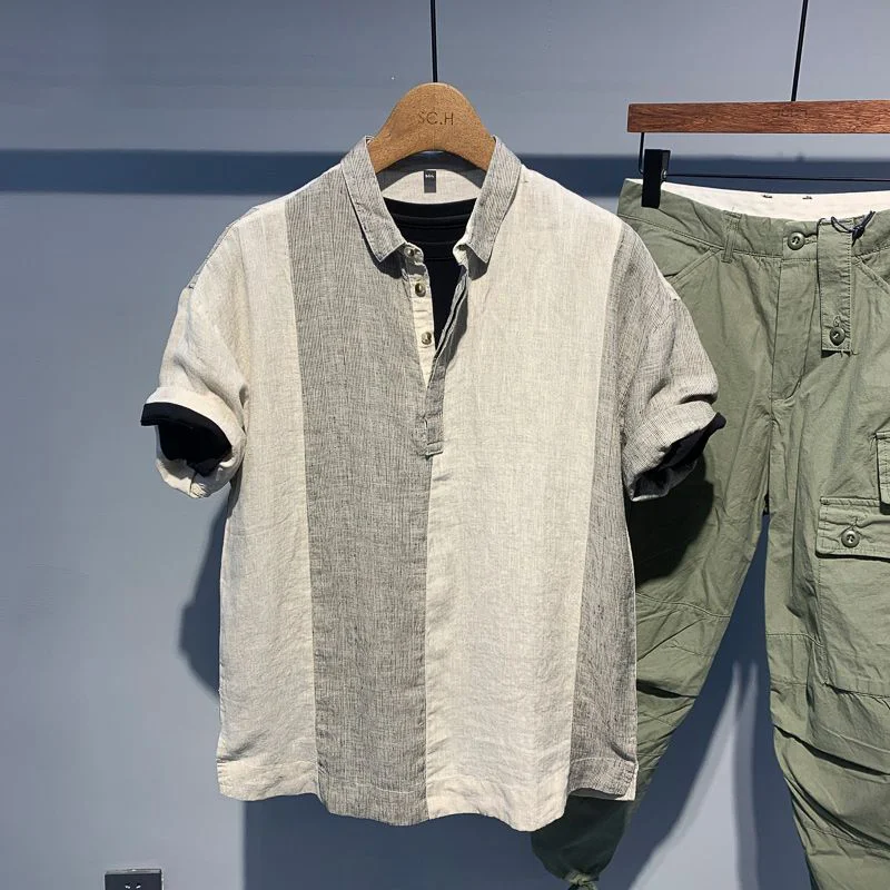 2025 New Fashion Thin Short-sleeved Shirt Men Summer Casual Top Contrasting Color Splicing Pullover Cardigan