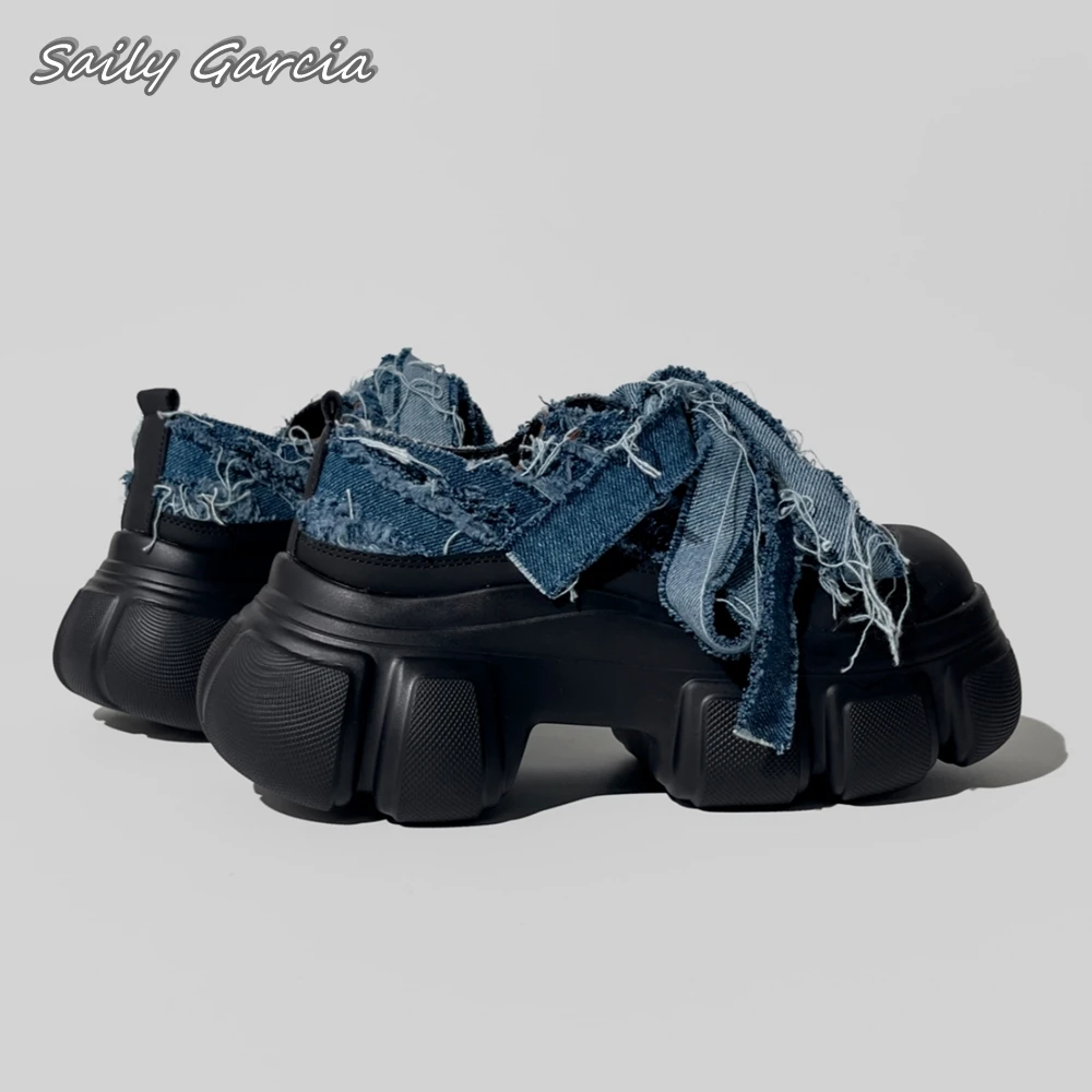 Retro Denim Blue Mixed Lace Up Thick-Sole Boots 2024 Summer New Fashion Casual INS Style Boots Round Toe Platform Punk Shoes image 3