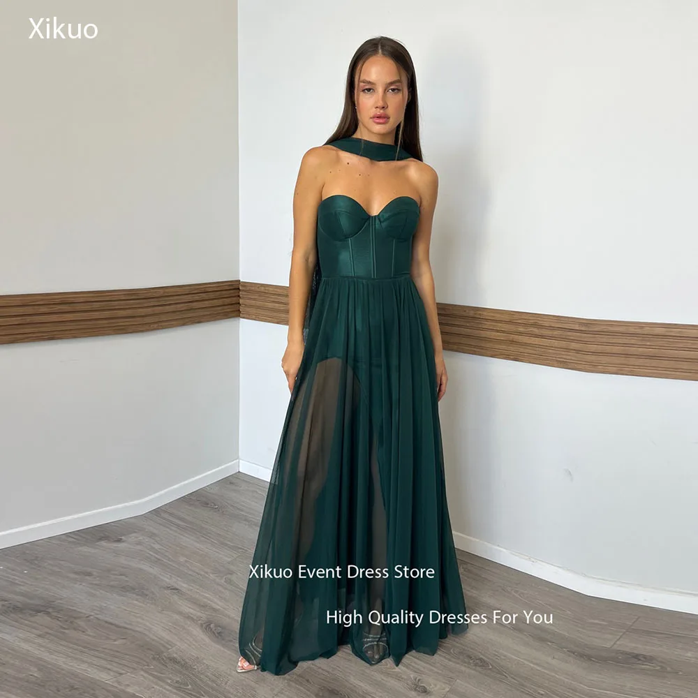 

Xikuo Elegant Evening Dresses Women Dark Green A Line Robe De Soirée Femme Sleeveless Chiffon Illusion Prom Dresses Customized