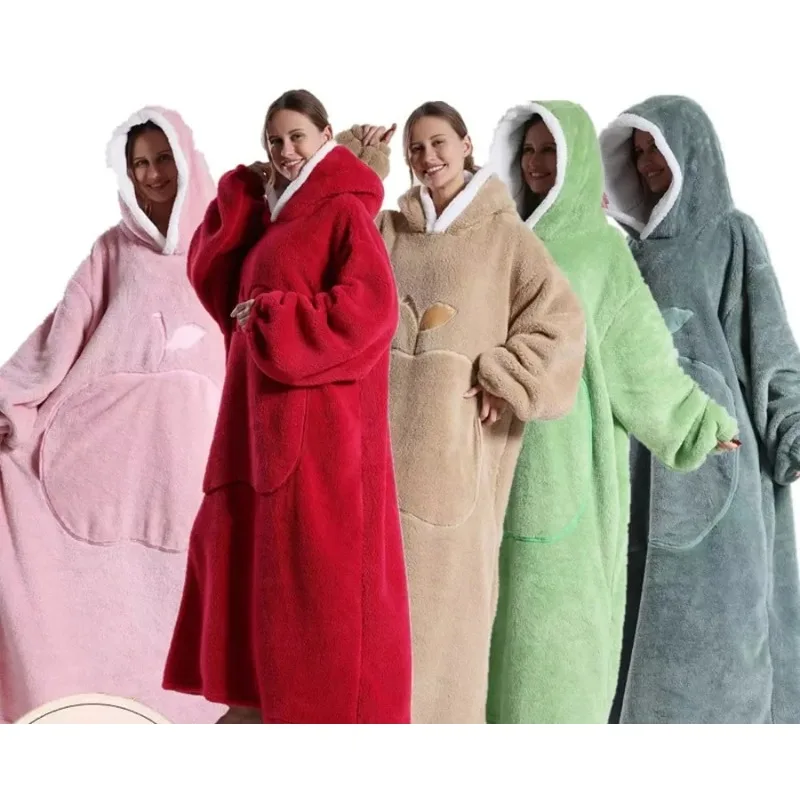 Winter Extra Long Wearable Hoodies Blanket Adult Warm Pullover Sweatshirt Oversized Fleece Hooded Blanket with Sleeves  Robe