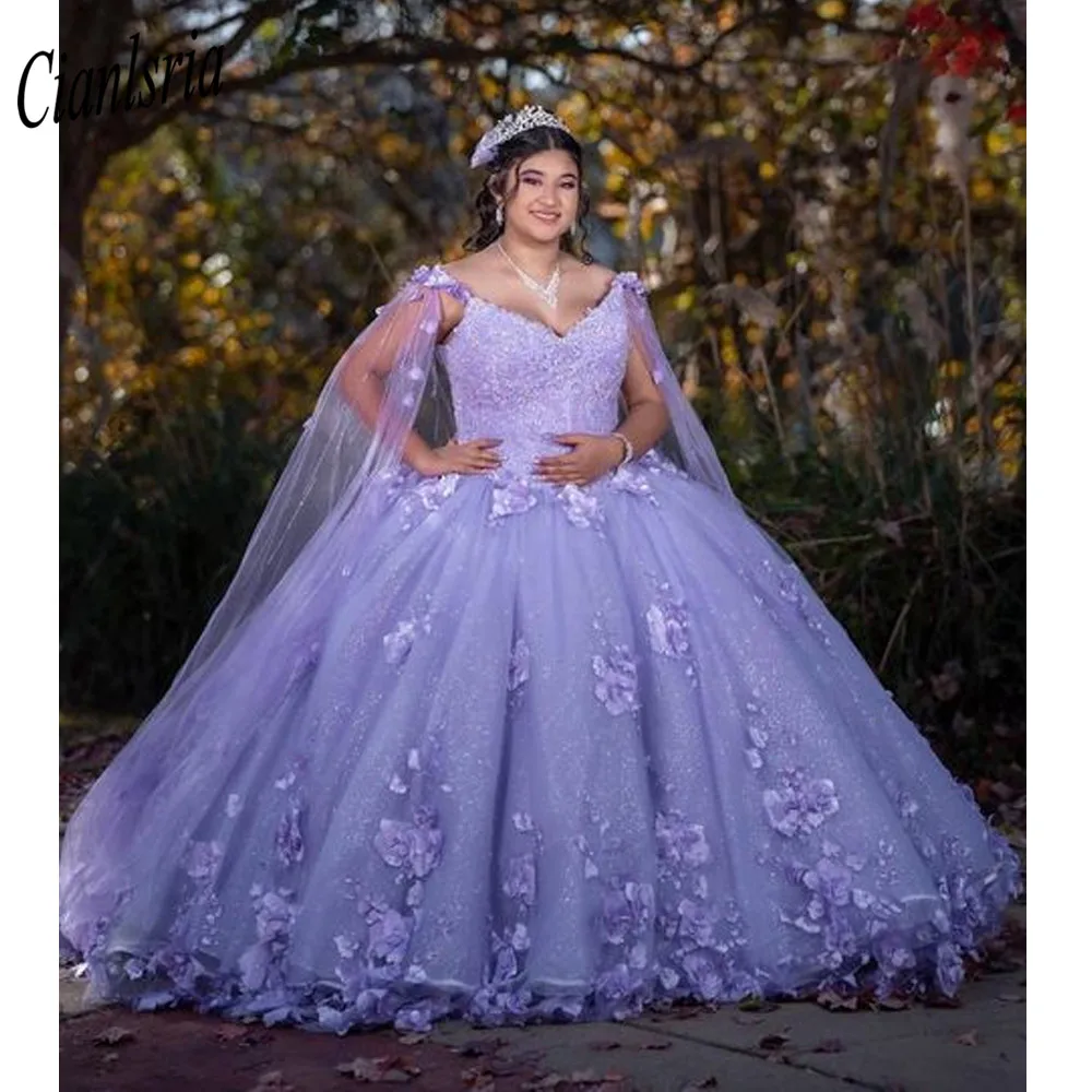 Gaun Bola Appliques Gaun Quinceanera Berenda Lavender Ungu Korset Punggung Vestido 15 Gaun Pesta Wisuda Pertunangan