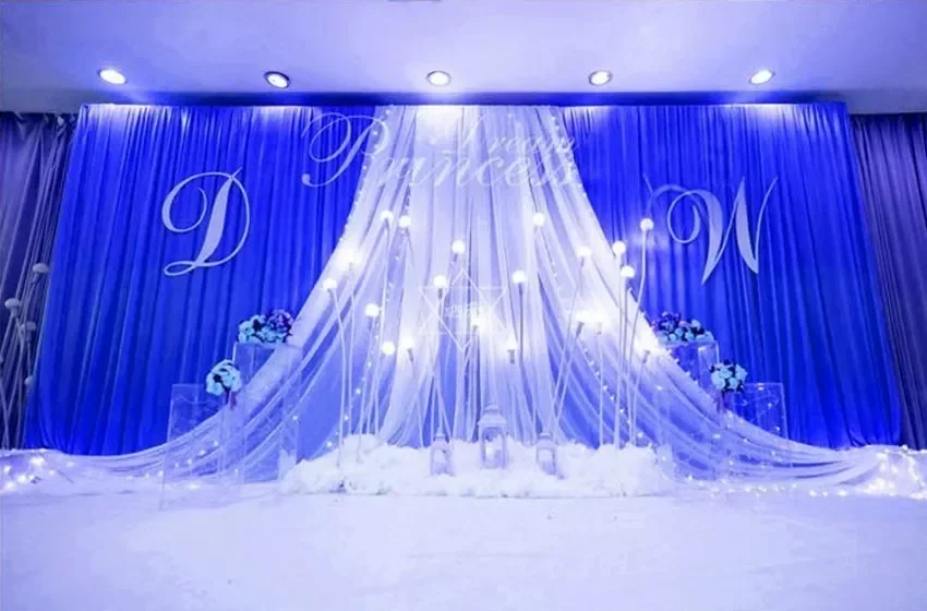 Luxury 3*6m 10ft*20ft ice silk gold wedding backdrop stage curtain with white yarn Stage Prop Fashion Drape Curtain Backdrops