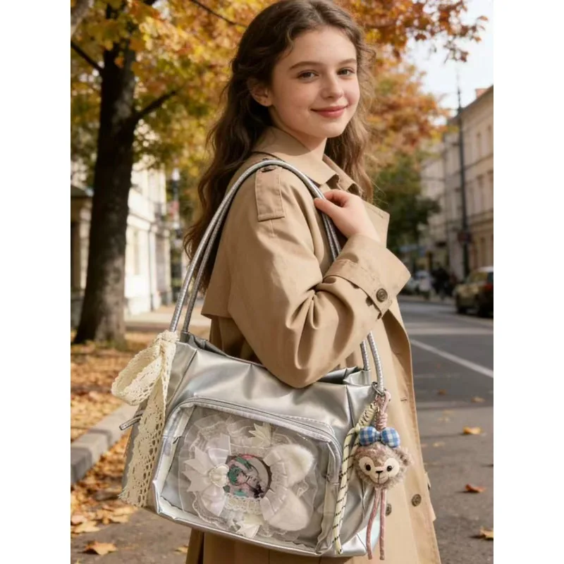 New Y2k Sweet Ita Shoulder Bag Lolita Girl Transparent Tote Bag Women Large Capacity Lace Crossbody Bag Cute DIY Display Handbag