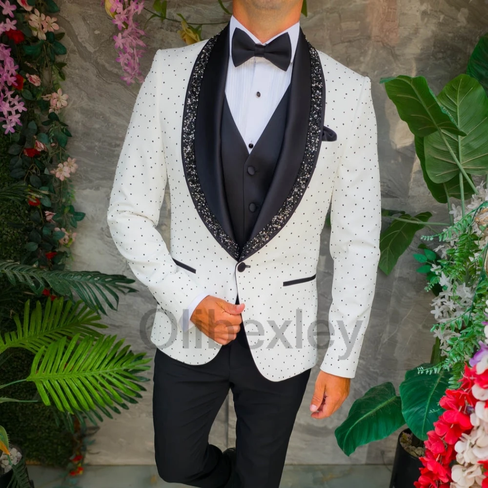 Olibexley Luxury White Mens Suits Shiny Rhinestone Lapel Groom Wedding Tuxedos 3 PCS Sets Male Prom Blazers Customized S458