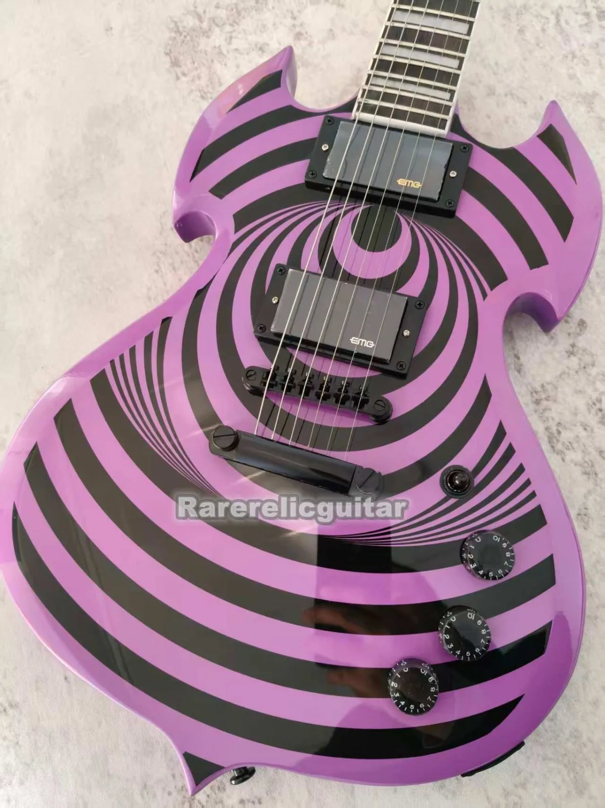 ZK Wylde Purple Barbarian Black Bullseye Electric Guitar EMG Pickups Large Block Inlay, Black Tone Hardware