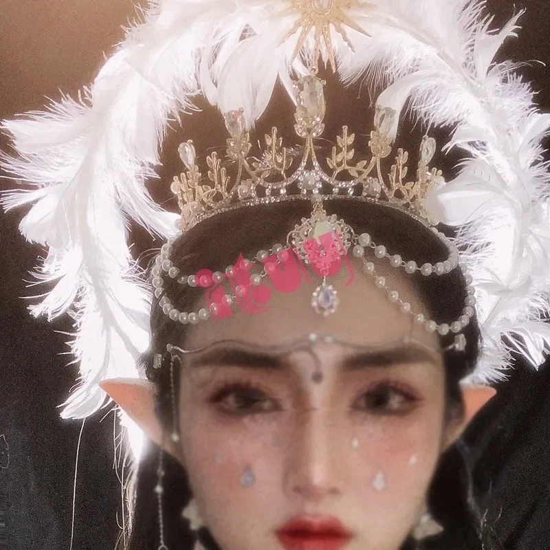 اليدوية هالة تاج خوذة لوليتا آلهة KC القوطية الأبيض الملاك ريشة أجنحة هالة كريستال عقال للرأس على شكل تاج إكسسوارات الشعر