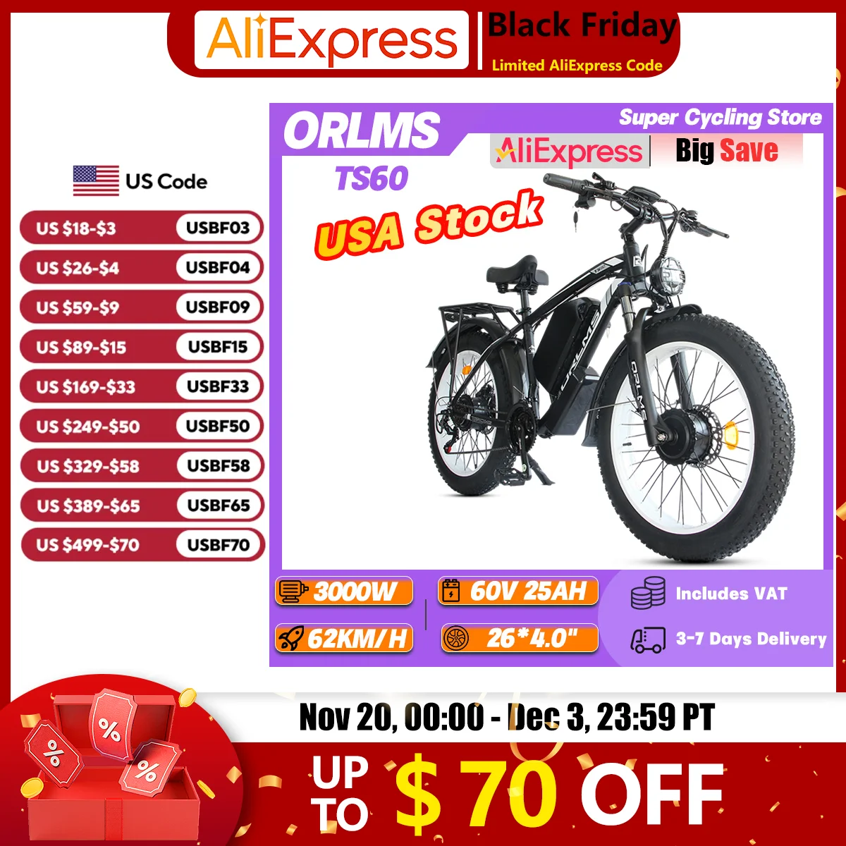 

ORLMS TS60 Mountain Ebike 3000W Dual Motor 60V 25Ah Battery Electric Bicycle 26*4.0" Fat Tire Hydraulic Disc Brake Electric Bike