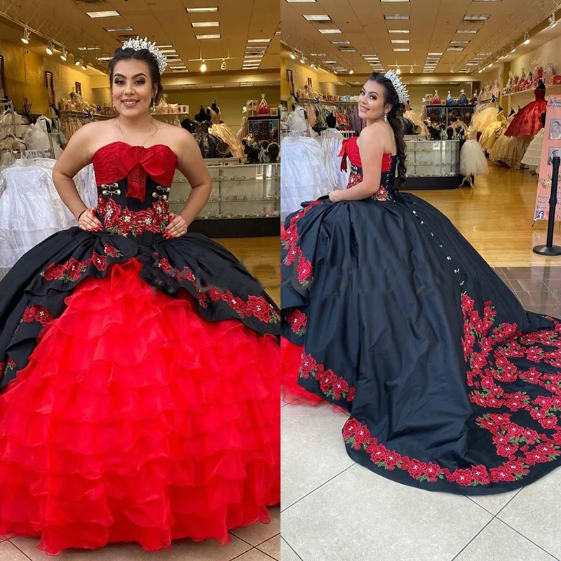 Vestido de baile rojo y negro, quinceañera, Organza, con volantes, para baile de graduación, Apliques de encaje, 16 vestidos de fiesta para desfiles