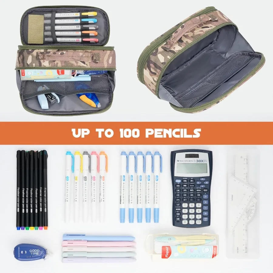 Tactical Pencil Case for Boy Extra Large Capacity Camo Pencil Pouch for Men Adults 3 Compartment Zipper Pen Case Small T