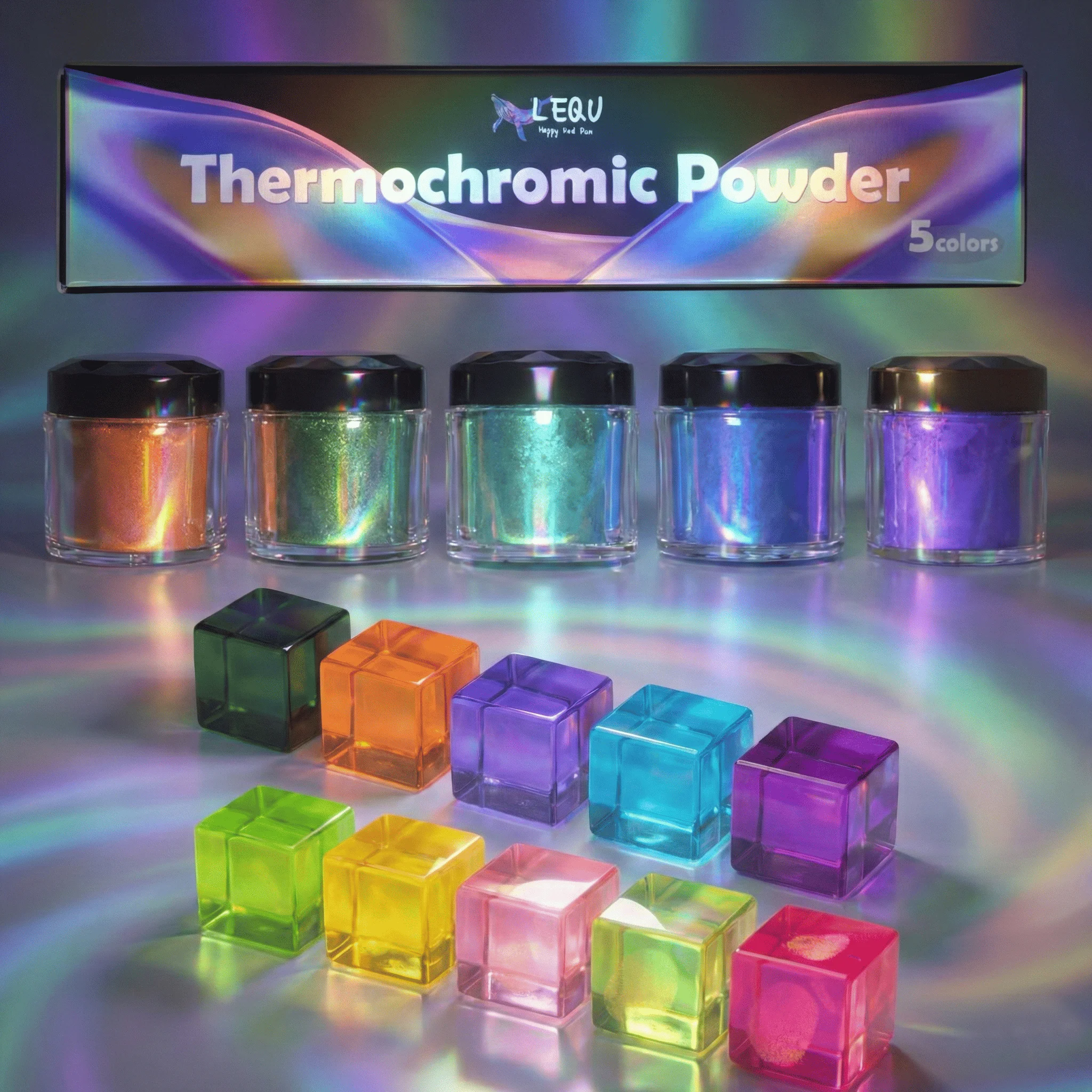Pó de pigmento termocrômico; ativado por temperatura, muda de cor a 88°C. ° Conjunto de 5 cores; adequado para tintas, slime, epóxi, resina