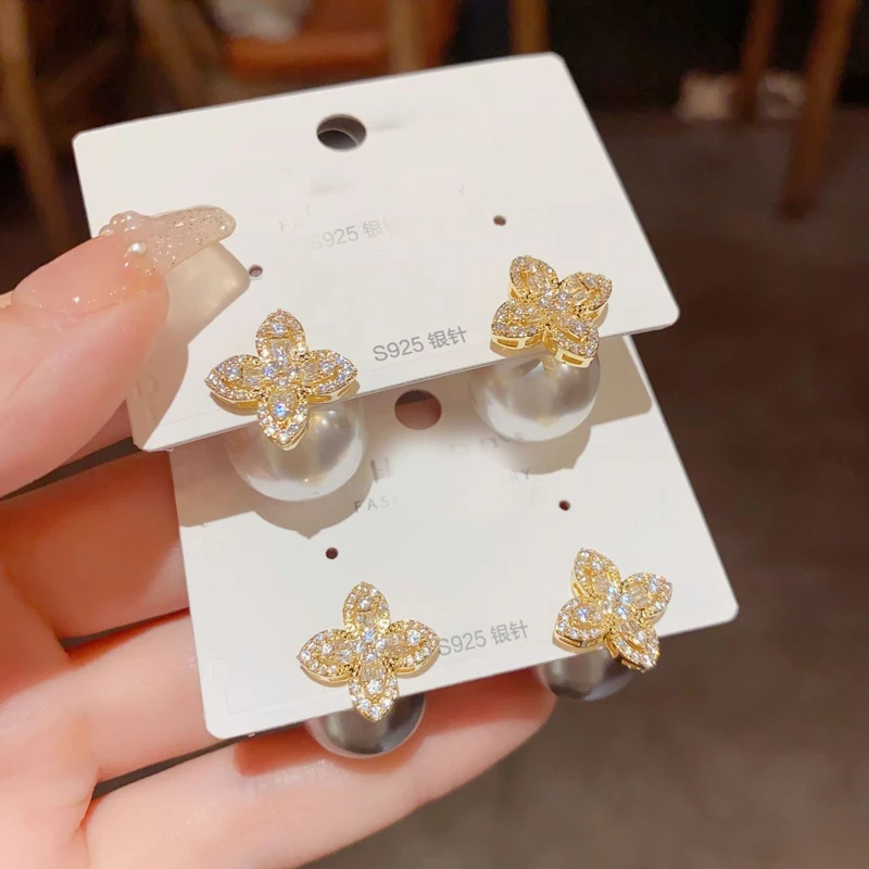 925 Silver Full Zircon Four Leaf Grass Paired With Pearls Dual Purpose Stud Earring Women Dating Wedding Fine Jewelry Wholesale